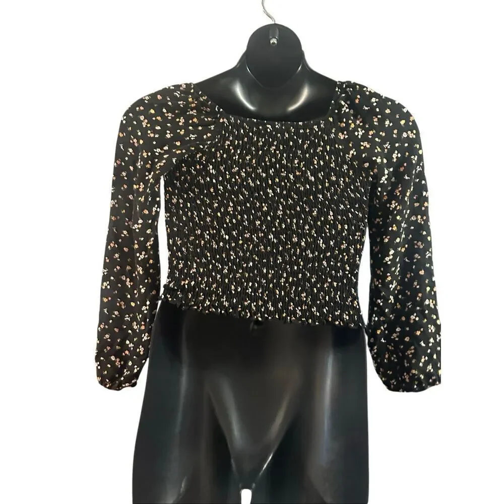 Art Class Girl's Black Floral Print Smocked Long Puff Sleeve Blouse Size Large